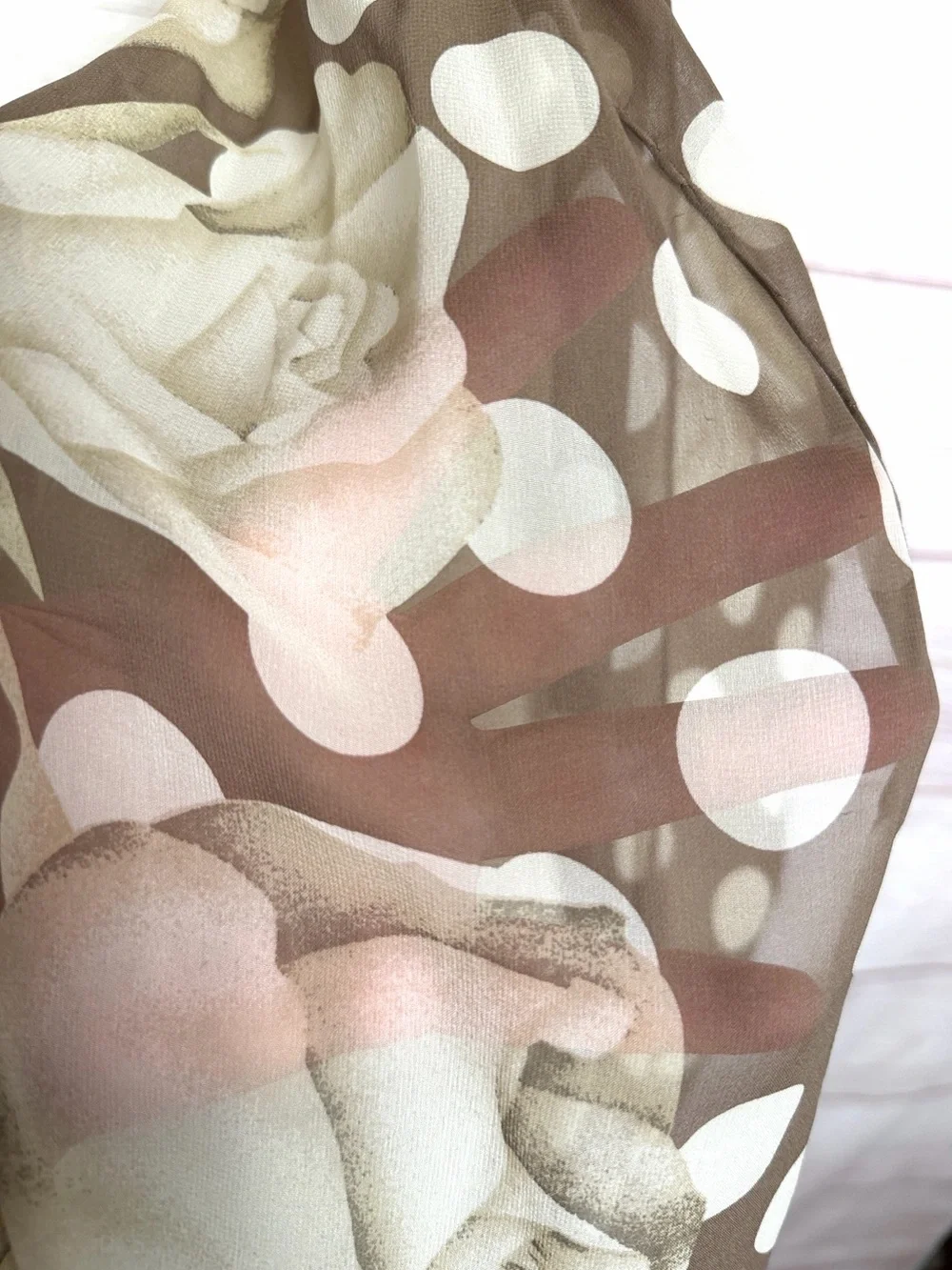 Vintage Gianfranco Ferré Silk Scarf Shawl Wrap 34x78 Roses Polka Dot Taupe Cream